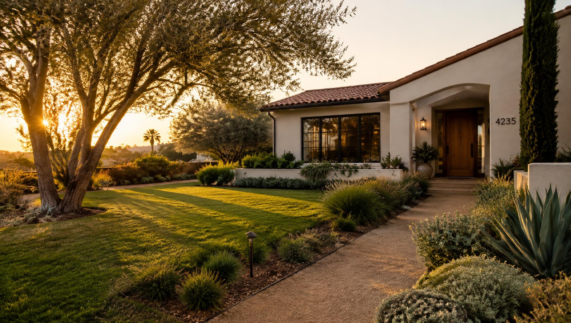 Professionally landscaped Southern California front yard at sunset